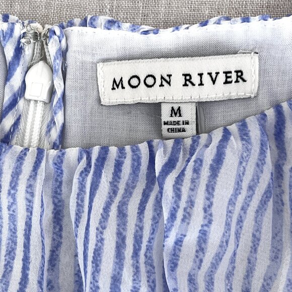Moon River White & Blue Stripe Puff Sleeve Cottagecore Homemaker Midi Dress Sz M - Picture 7 of 16